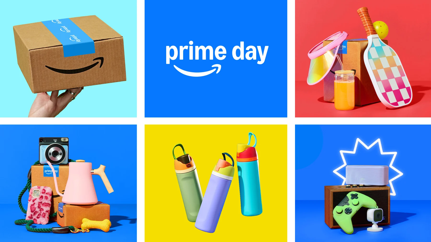 Official Prime Day 2022 campaign key art: a six-panel grid of product photography on bright blue, red and yellow backgrounds with the Prime Day wordmark in the centre panel