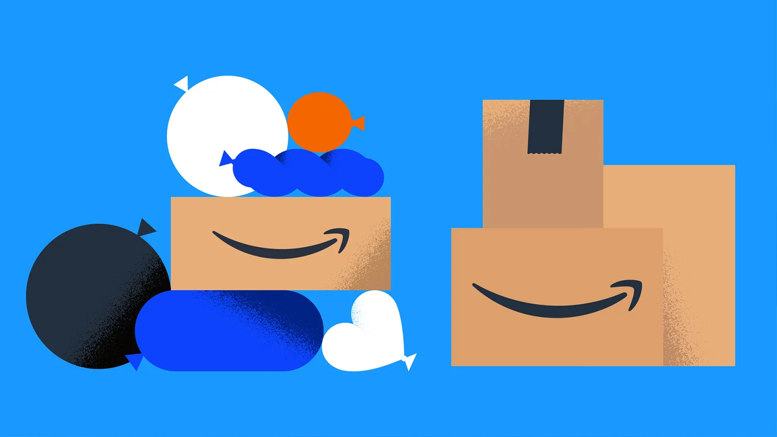 Prime Day brand illustration: stylised sweets and Amazon smile boxes on the campaign's bright blue background