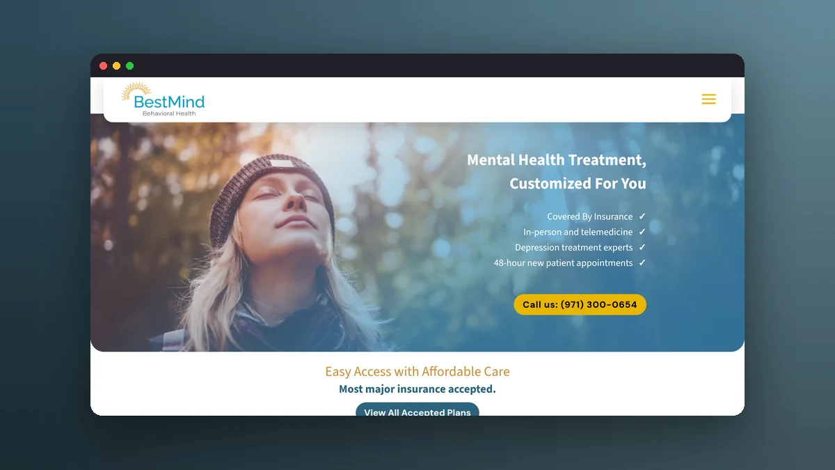The redesigned BestMind Behavioral Health homepage shown in a browser window, headlined Mental Health Treatment, Customized For You