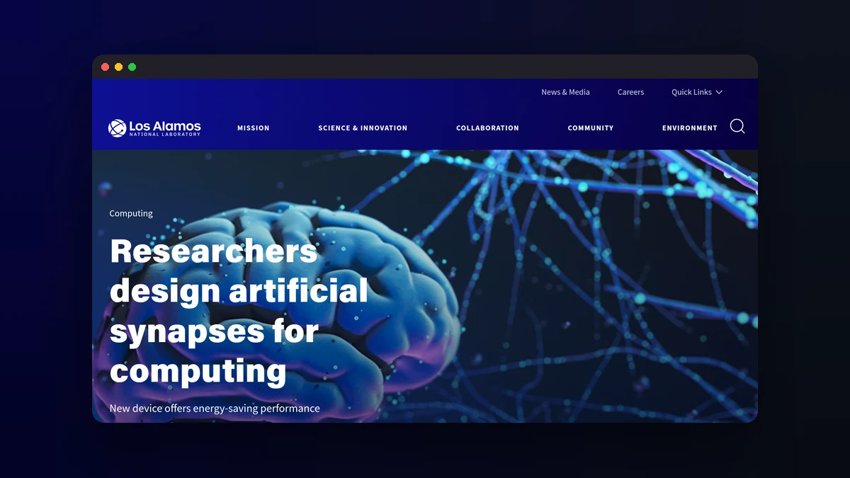 The Los Alamos National Laboratory homepage as it stood in 2023, shown in a browser window, led by a story about researchers designing artificial synapses