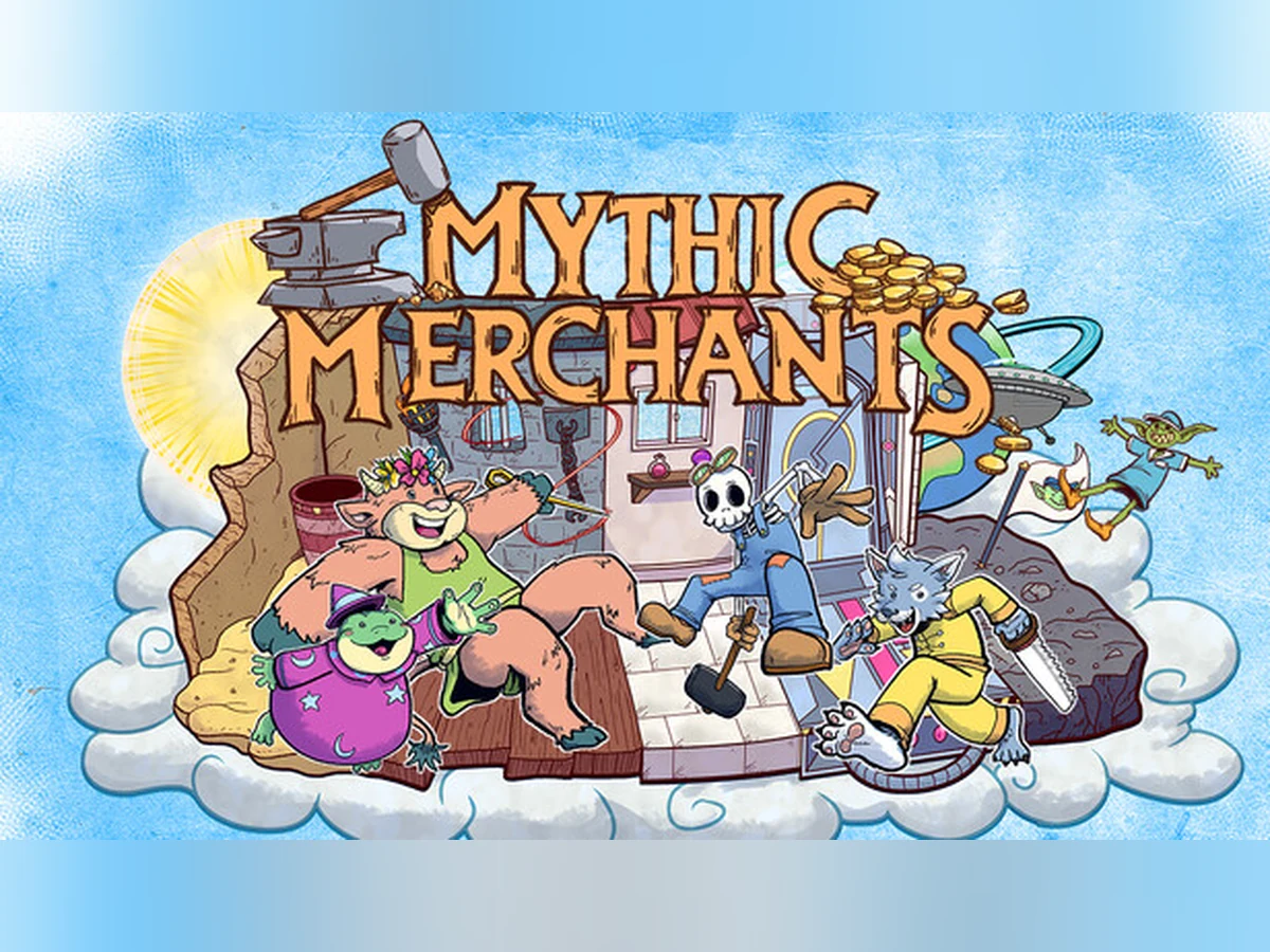 Mythic Merchants key art: animal shopkeepers crowded into a workshop on a floating island, beneath the game's logo