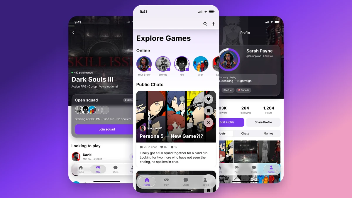 Three iPhone screens from the Pixel Pals app on a purple gradient: a game detail page for Dark Souls III, a Home feed titled Explore Games, and a user profile