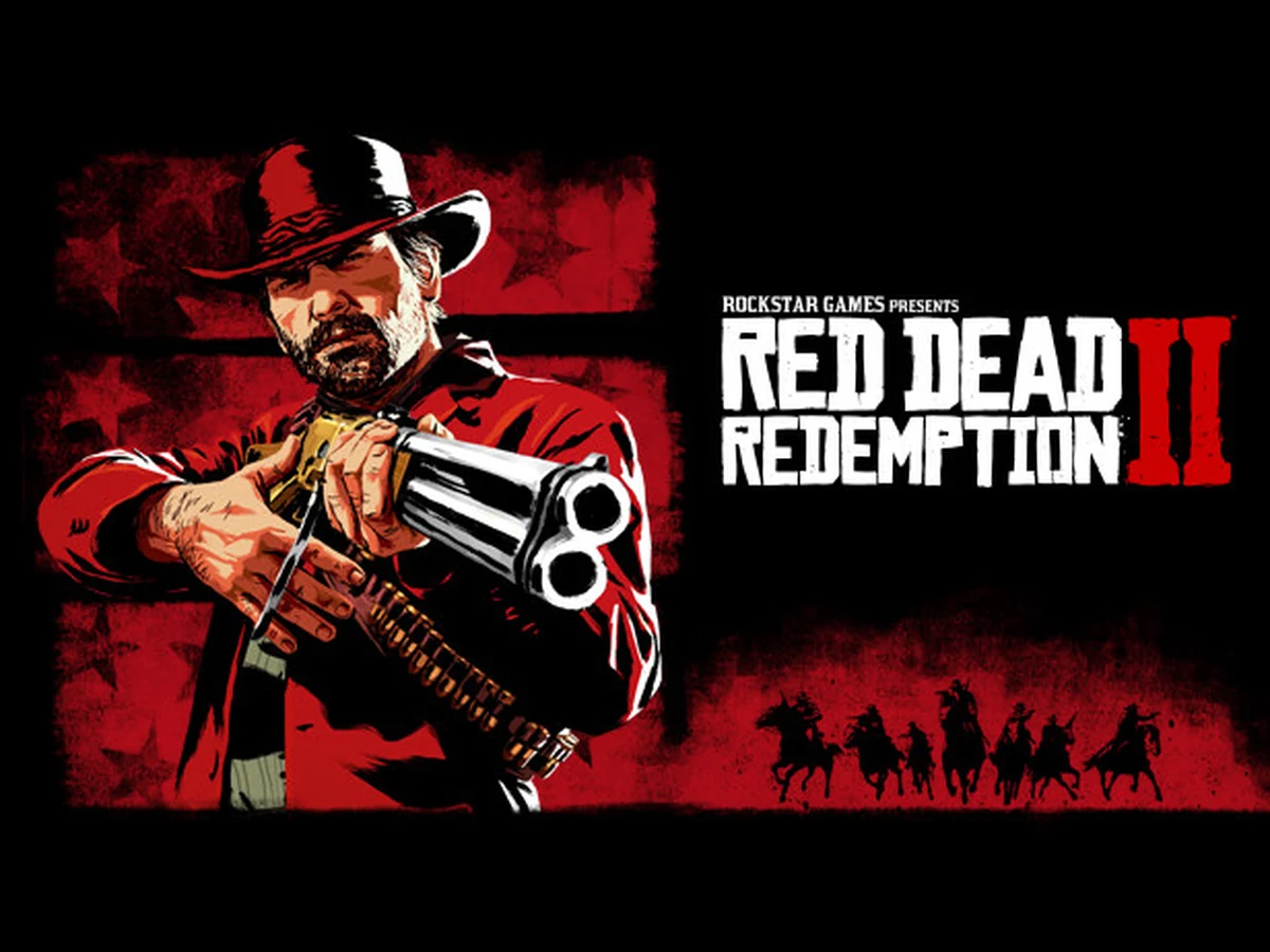 Red Dead Redemption 2 key art: a gunman in a red shirt levelling a sawn-off shotgun, beside the game's logo and a line of riders on the horizon