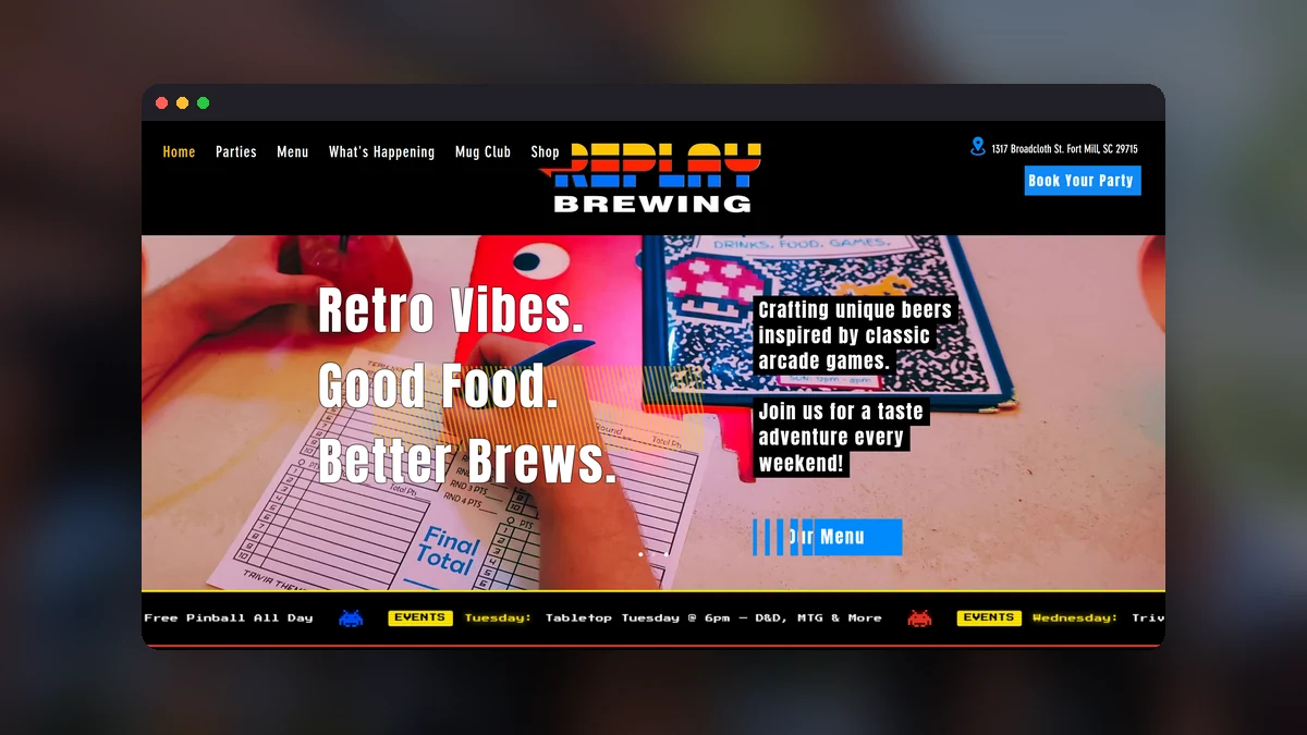 The redesigned Replay Brewing homepage in a browser window, headlined Retro Vibes. Good Food. Better Brews., over a blurred photo of the taproom's brick storefront