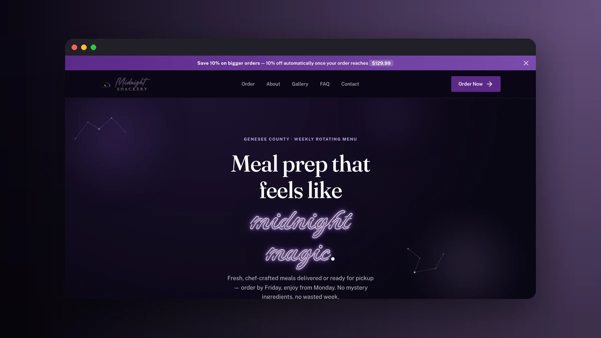 The Midnight Snackery homepage in a browser window: a dark night-sky hero reading Meal prep that feels like midnight magic