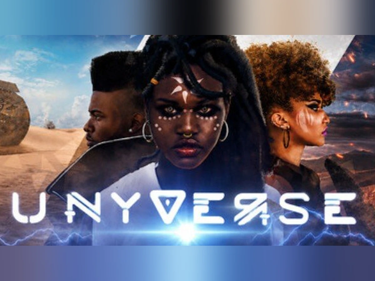 Unyverse key art: three characters with painted face markings against desert and volcanic landscapes, beneath the game's logo