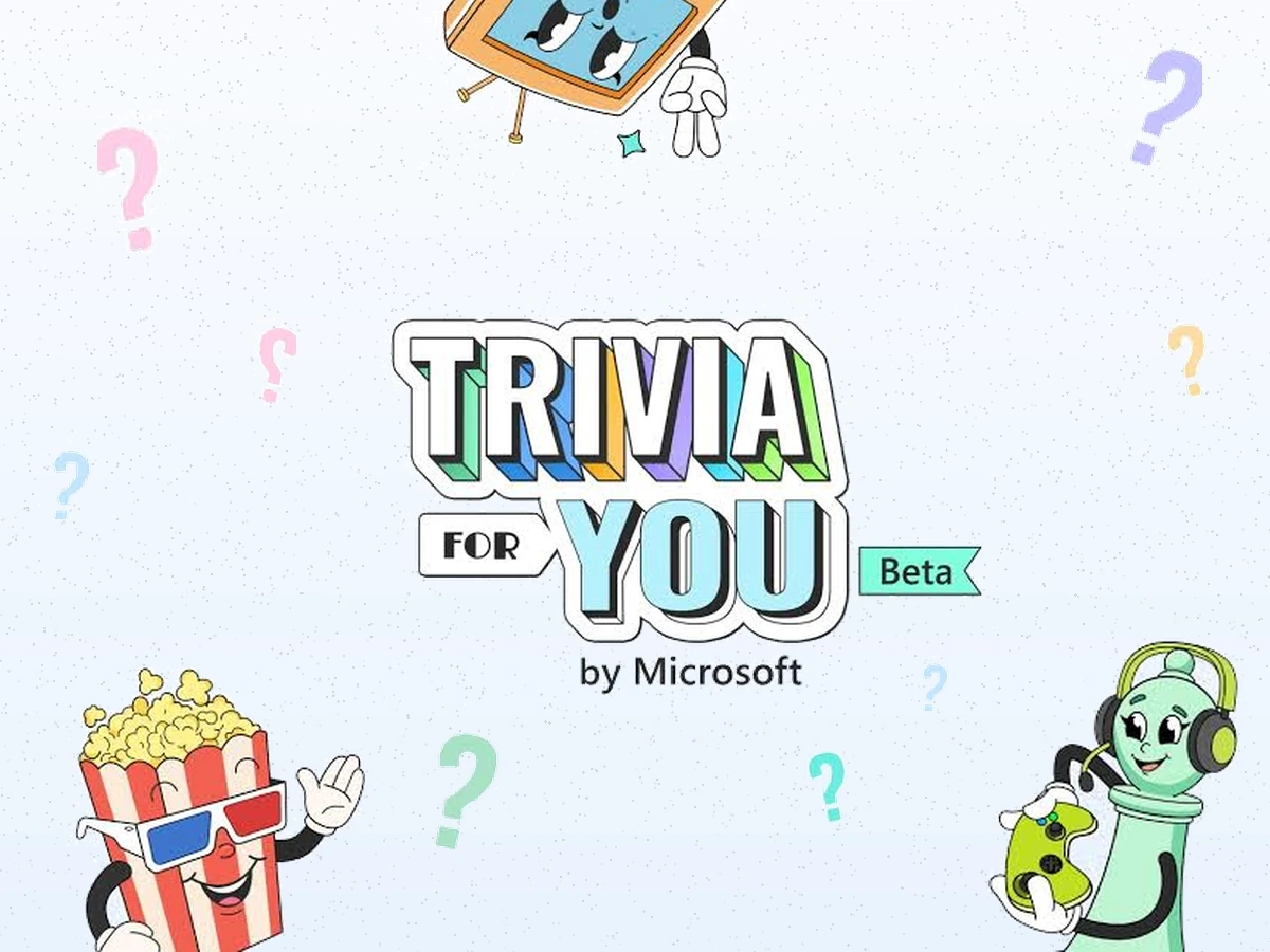 Trivia for You by Microsoft key art: the logo on a speckled pale blue field with the TV, popcorn and gamer mascots and scattered question marks
