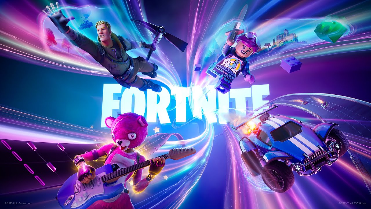 Fortnite key art: characters skydiving through a storm of colour above the island