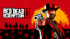 Red Dead Redemption 2 key art: Arthur Morgan drawing a revolver against a red sky
