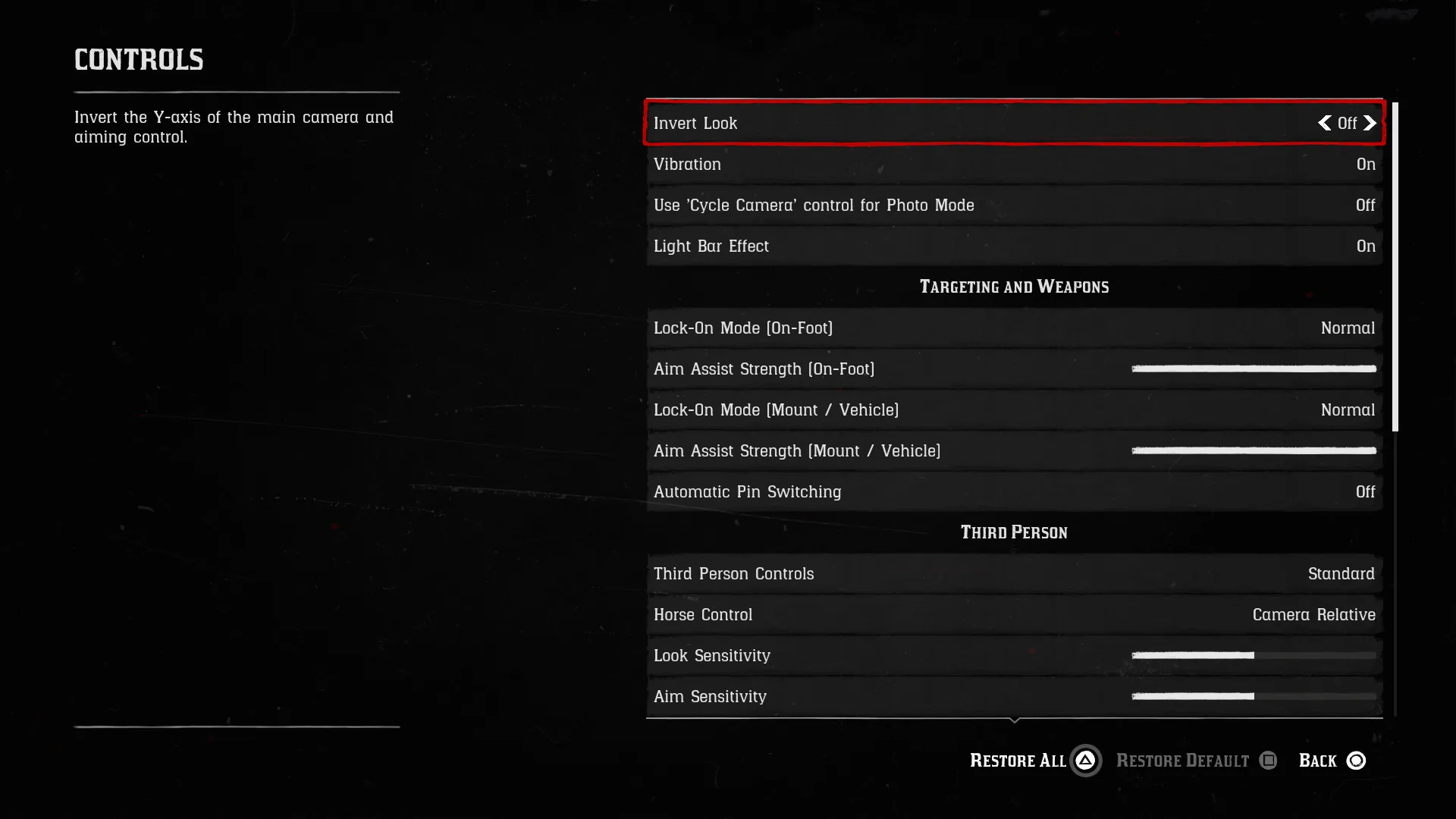 RDR2 Controls Submenu Detail screenshot