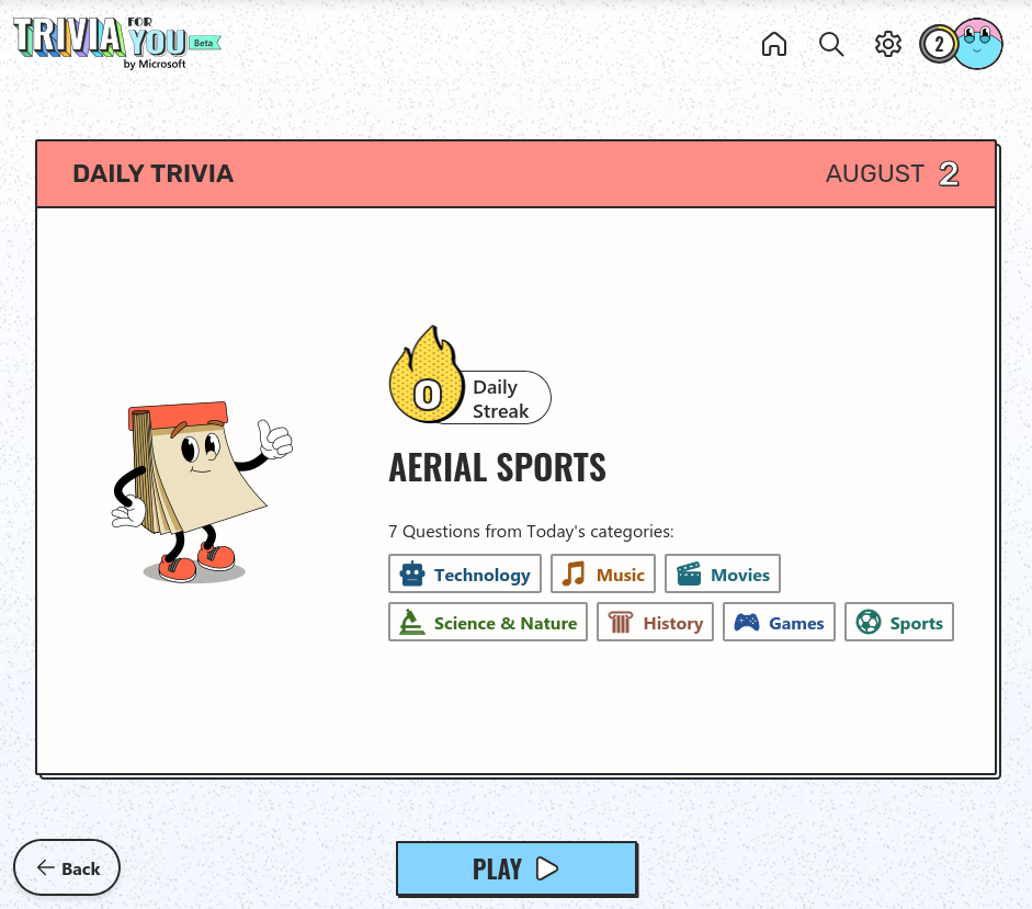 Daily Trivia screen showing the Aerial Sports topic and today's categories