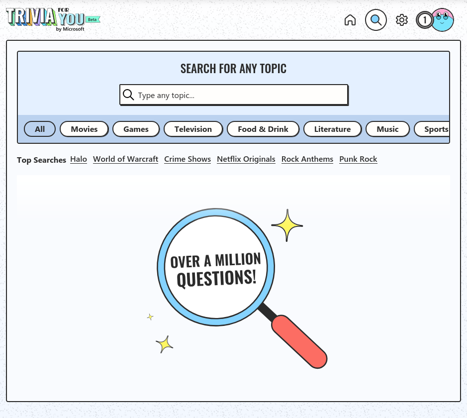 Search for any topic screen with category filters and search bar