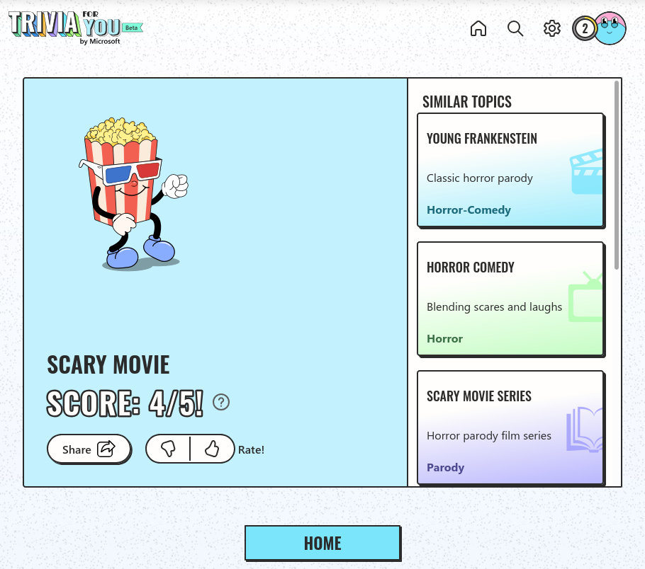 Results screen showing a score of 4 out of 5 for the Scary Movie set